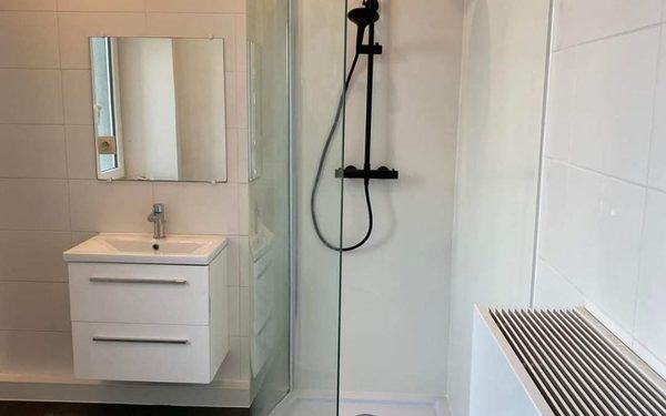 Salle de bain avec cabine de douche arrondie, meuble vasque et radiateur